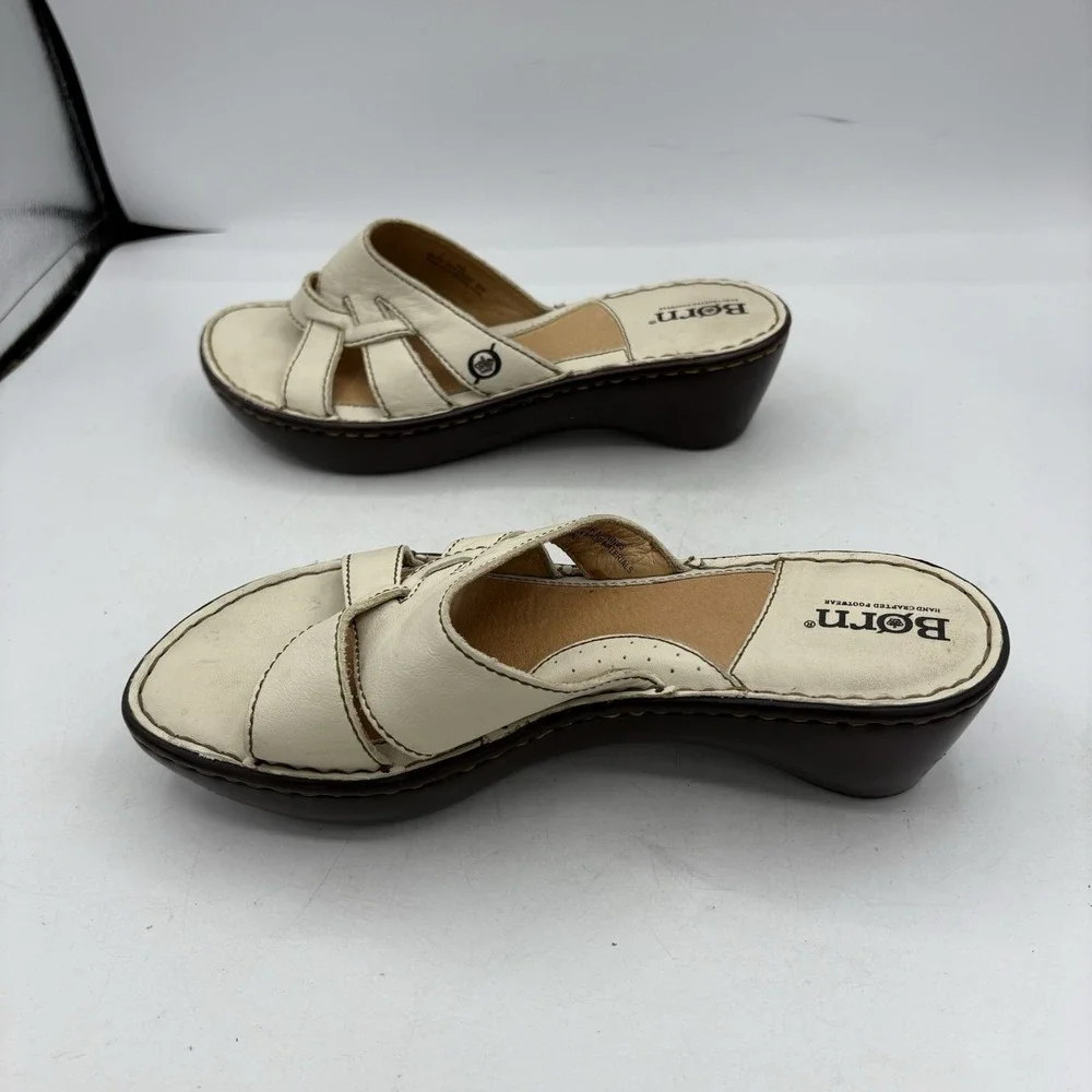 Born Sandals Womens Size 7 Leather Slide Mule‎ Wedge White Strappy